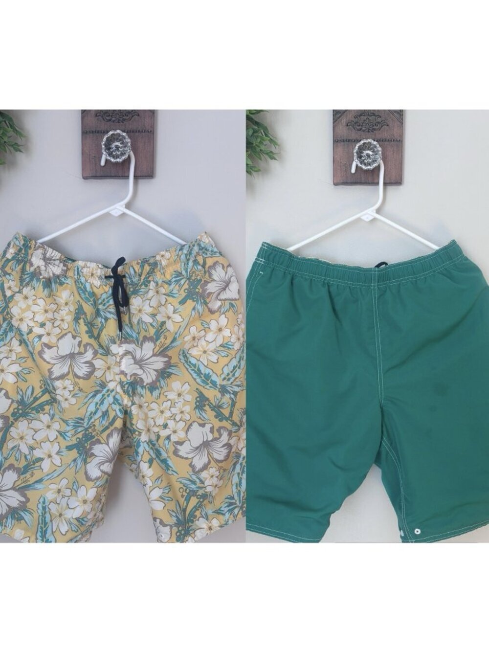Lands' End Mens Size M Reversible Swim Trunks Green Yellow Floral Pockets